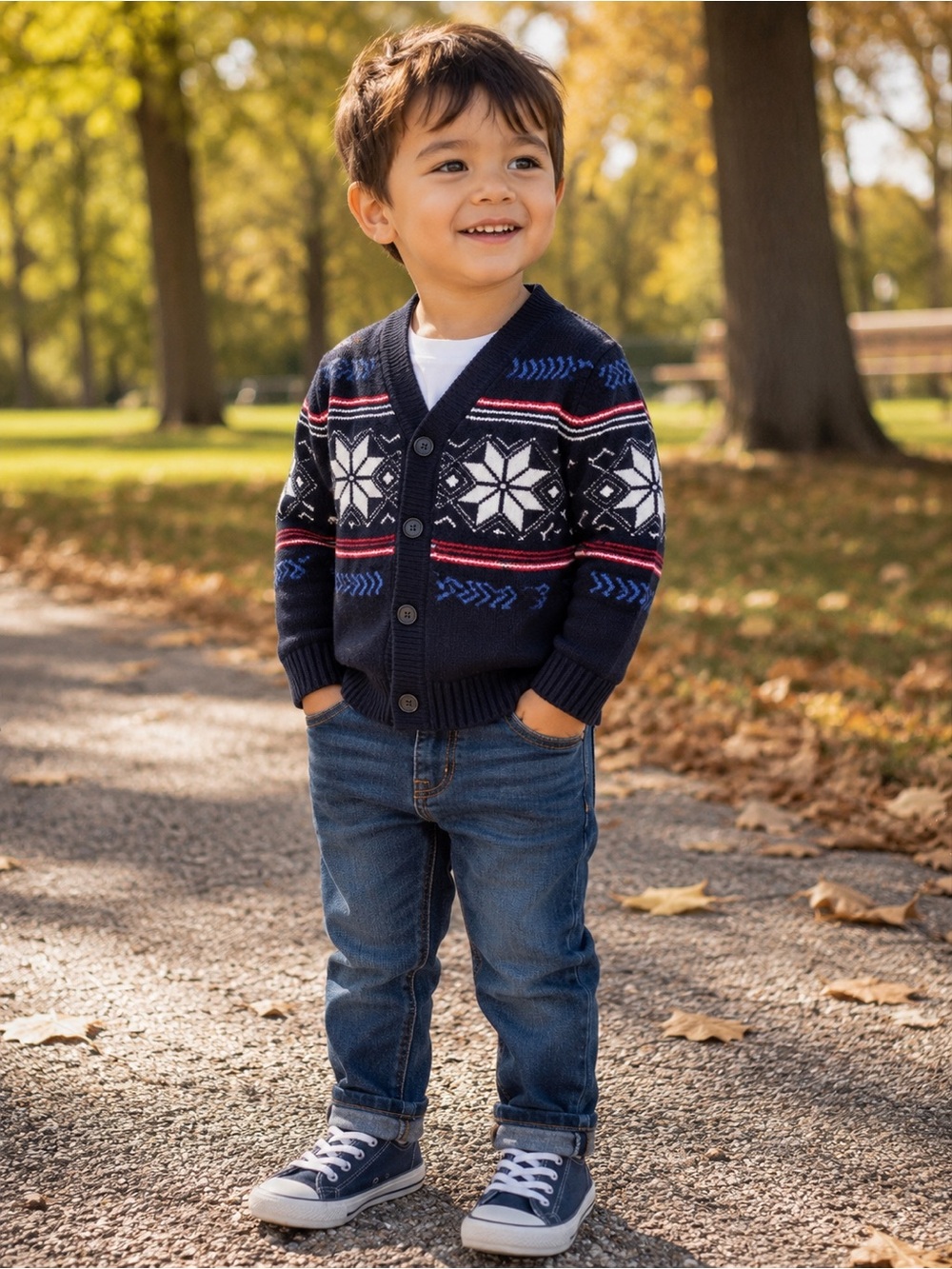 okie dokie Navy Fair Isle Toddler Cardigan with Red & Blue Accents